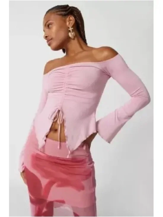 Urban Outfitters Pink Off-Shoulder Ruched Drawstring Crop Top - Picture 5 of 5